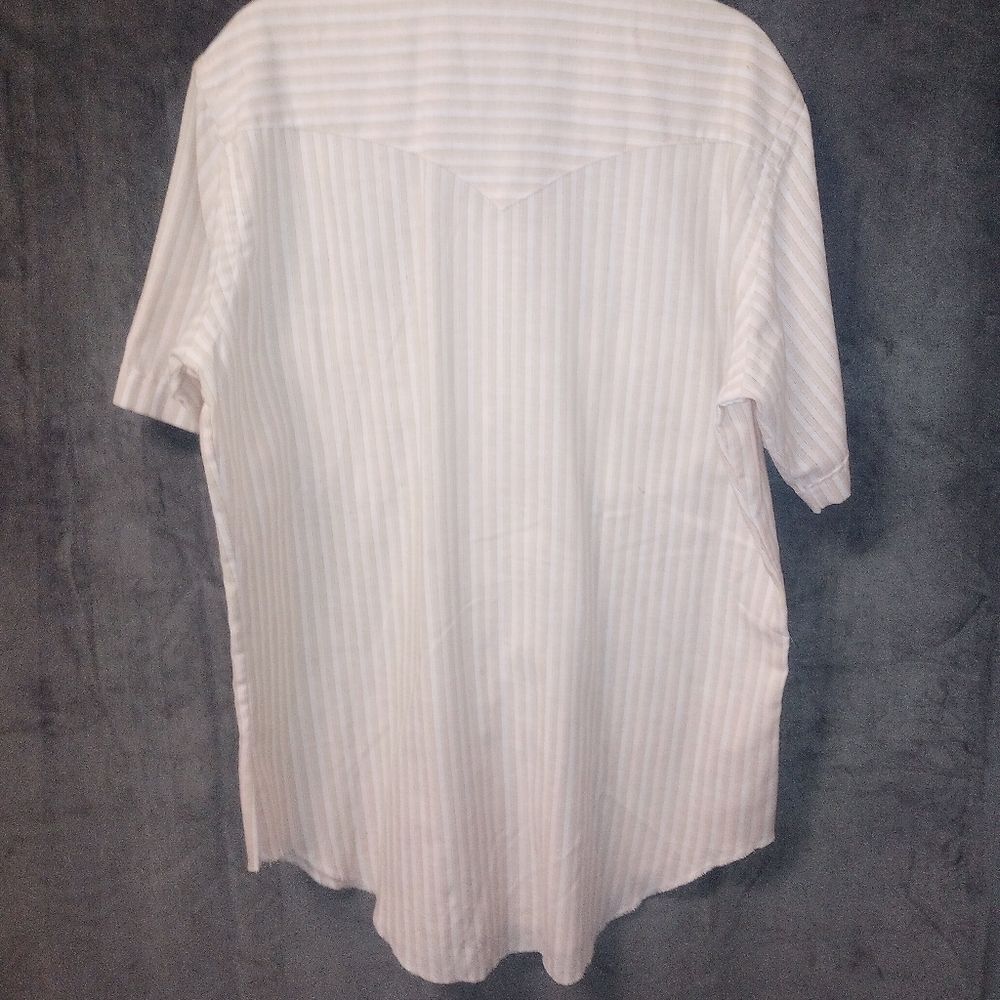 Vintage 70s Wrangler Peach Cream Stripe Pearl Snap Short Sleeve Shirt Size XL - Picture 9 of 9